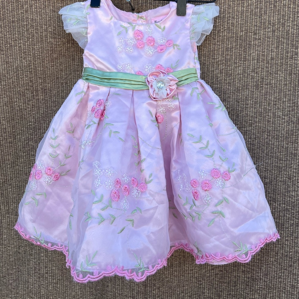 Vintage Nannette Baby Girls Sz 18M dress pink floral embroidery tulle accents